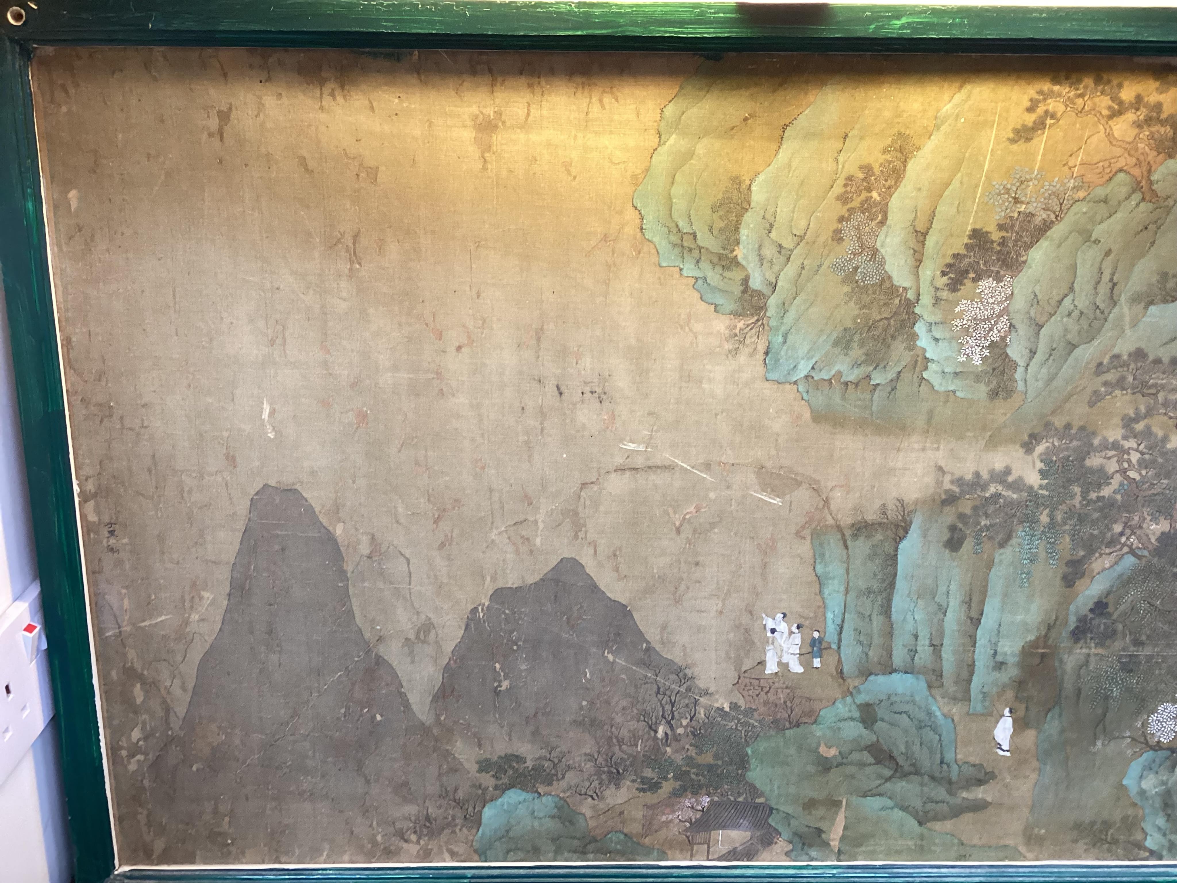 Chinese School , 17th century or earlier, Scholars in a mountainous river landscape scene with pavilions, Ink and colour on silk, incomplete clerical script signature, 54cm x 290cm